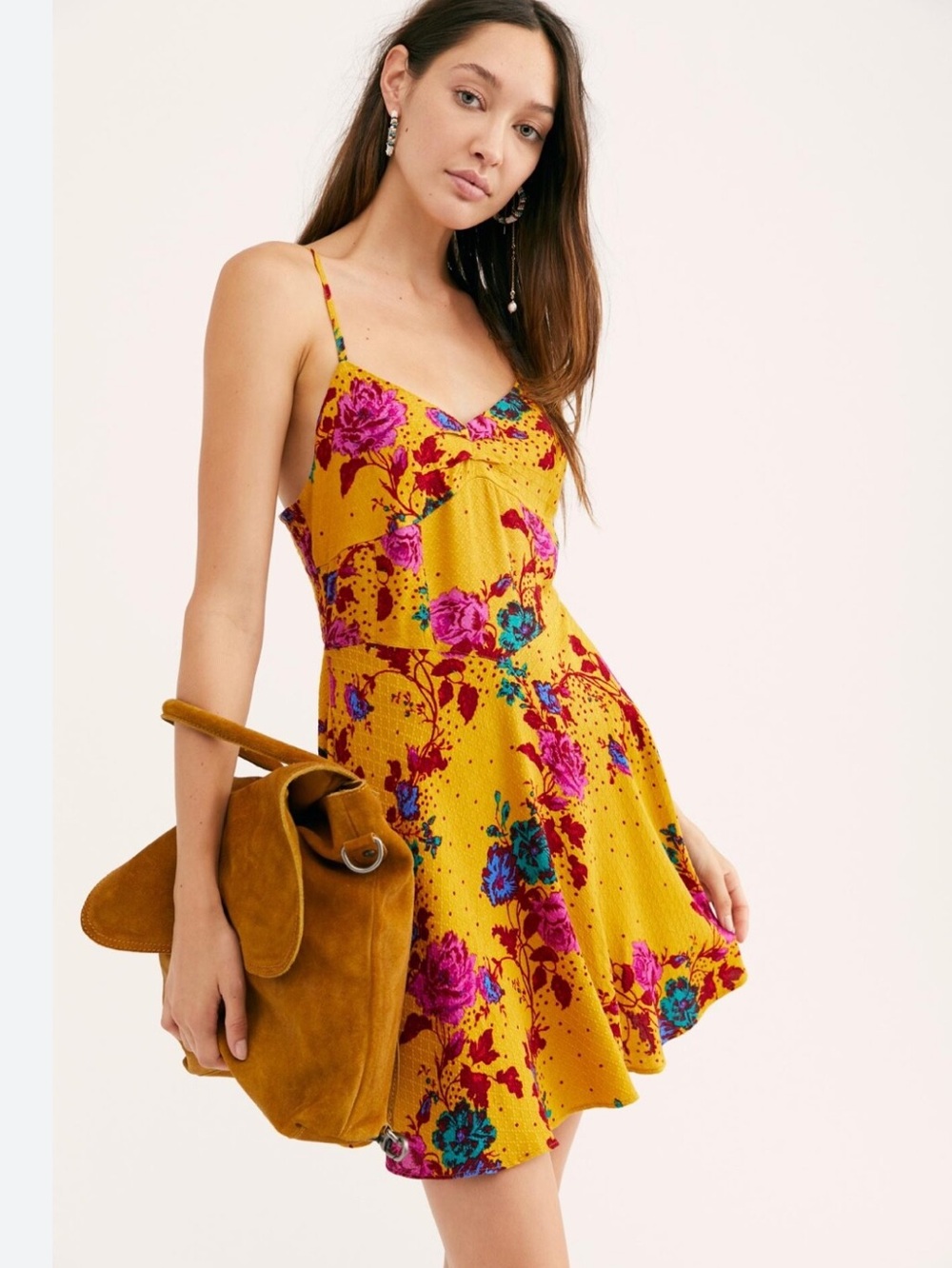 Free People Never Be Mine Yellow Floral Spaghetti Strap Mini Dress nwot S